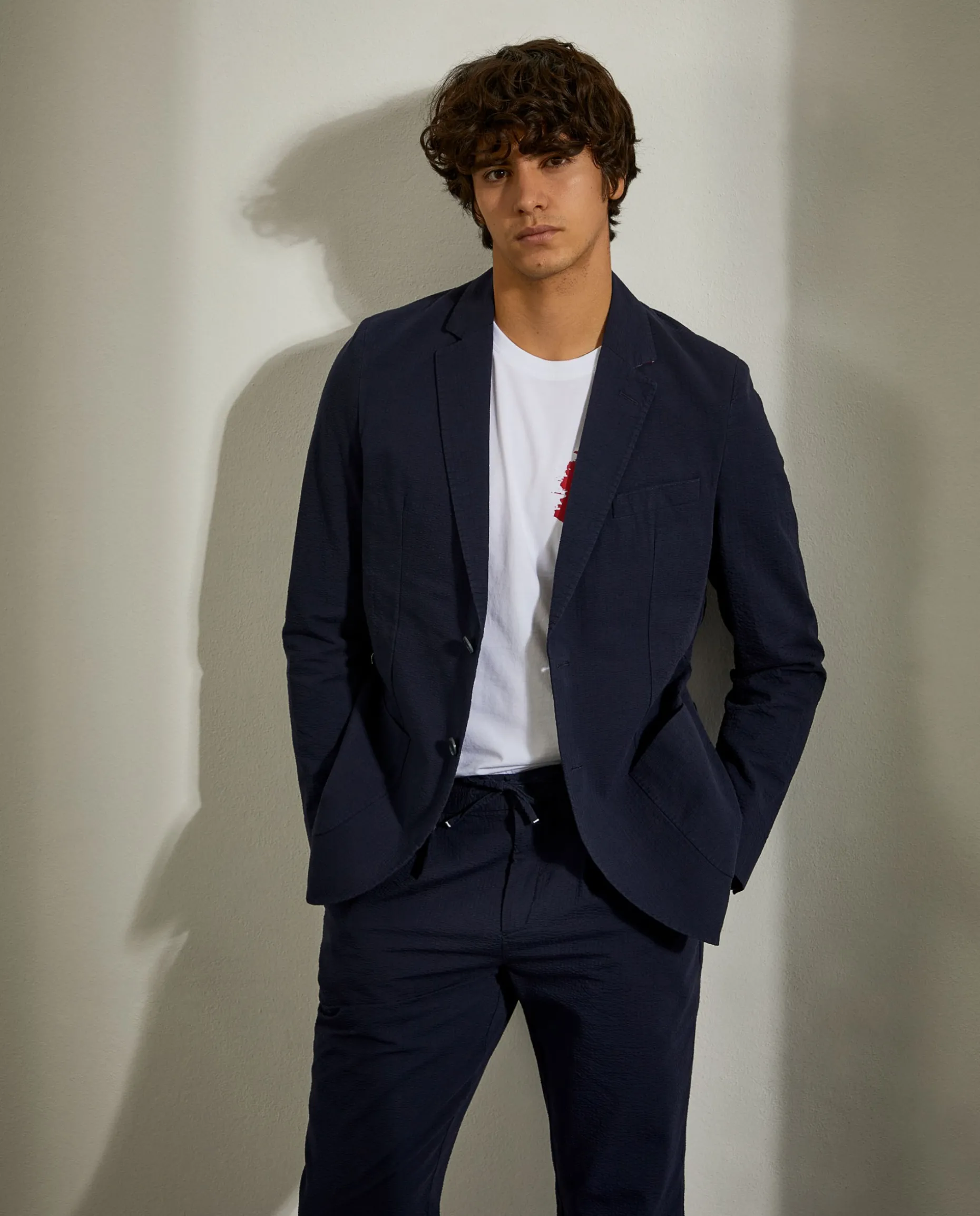 Blazer slim fit com textura de riscas seersucker|LION OF PORCHES Hot