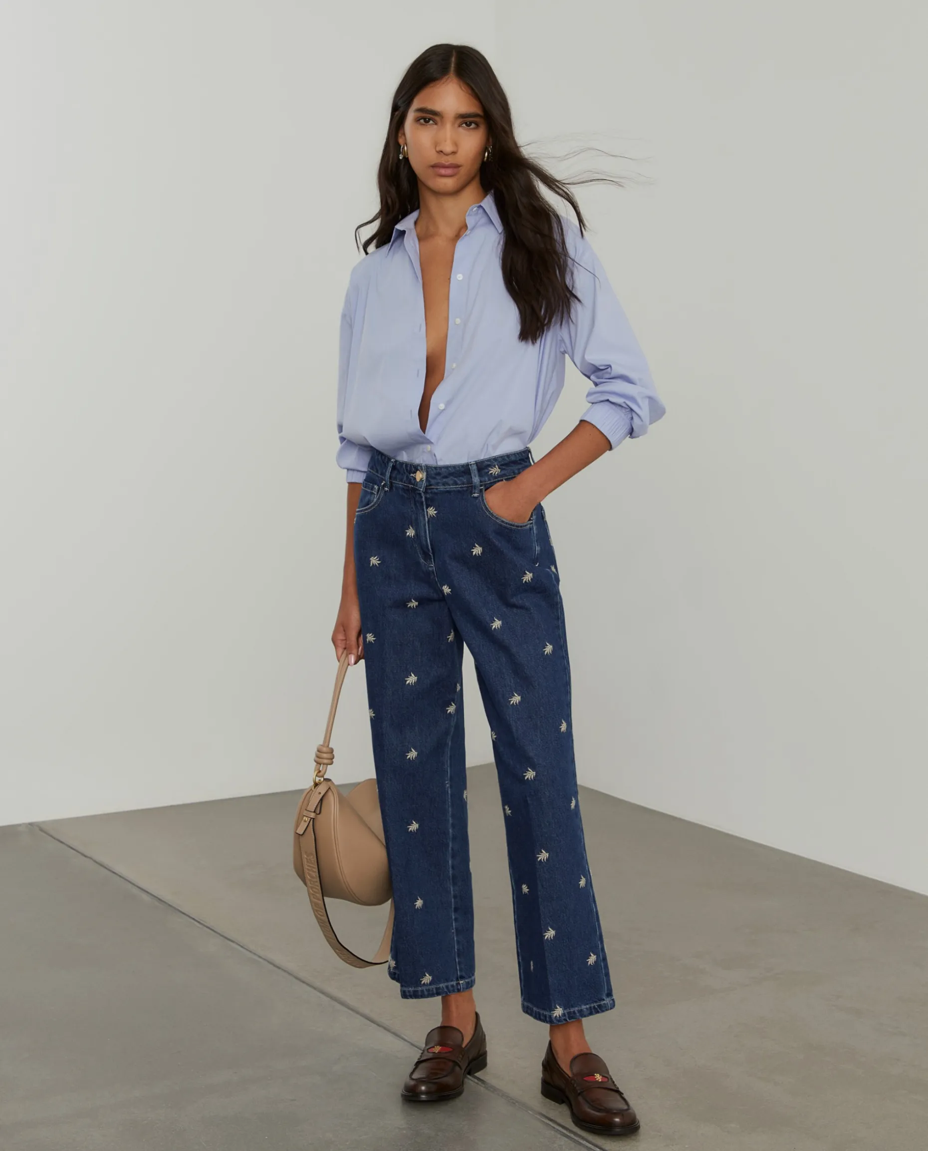 Calças denim wide leg com bordados|LION OF PORCHES Best Sale