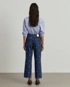 Calças denim wide leg com bordados|LION OF PORCHES Best Sale