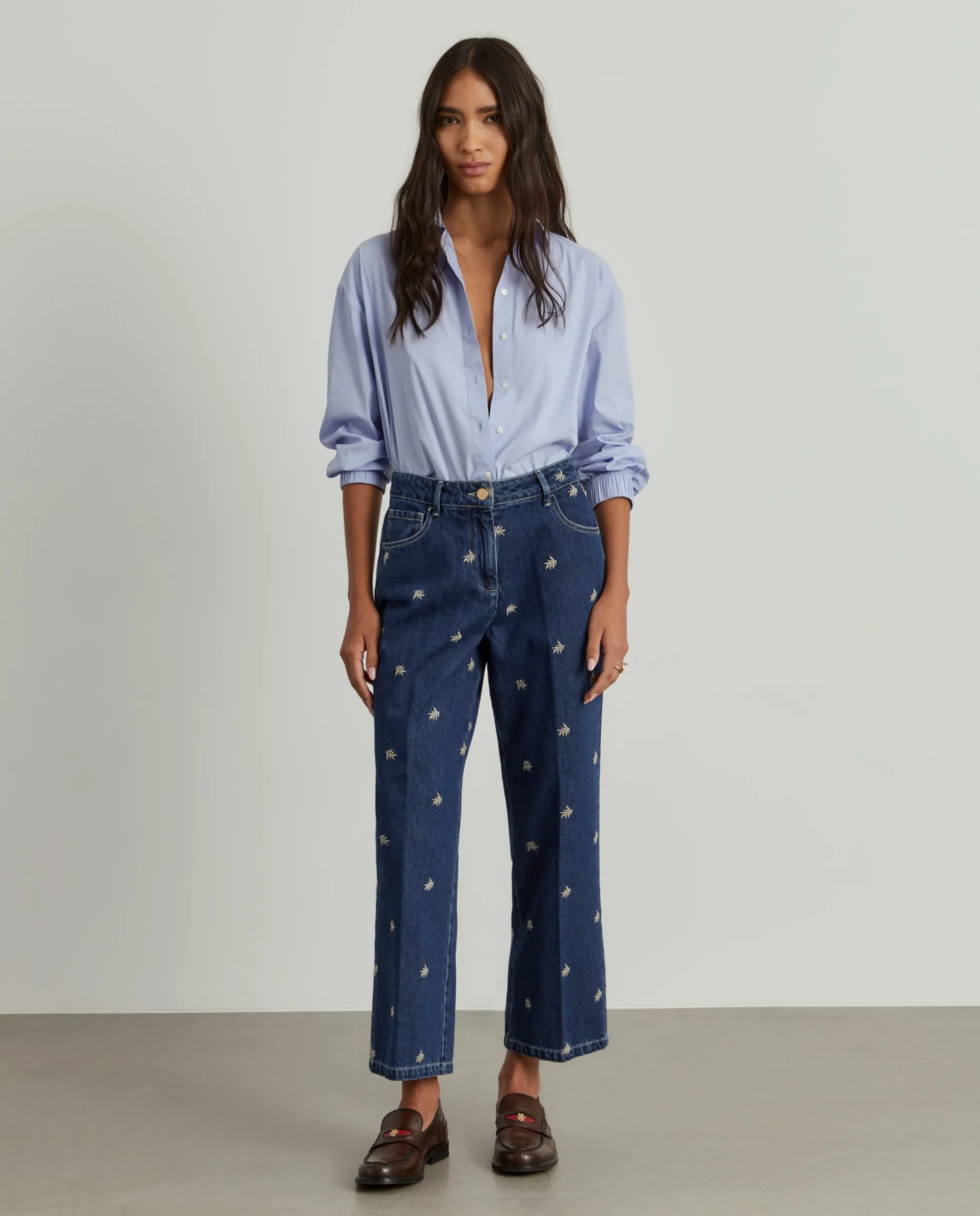 Calças denim wide leg com bordados|LION OF PORCHES Best Sale