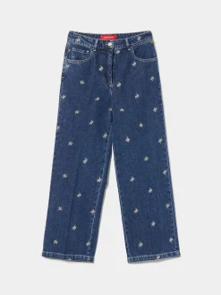 Calças denim wide leg com bordados|LION OF PORCHES Best Sale