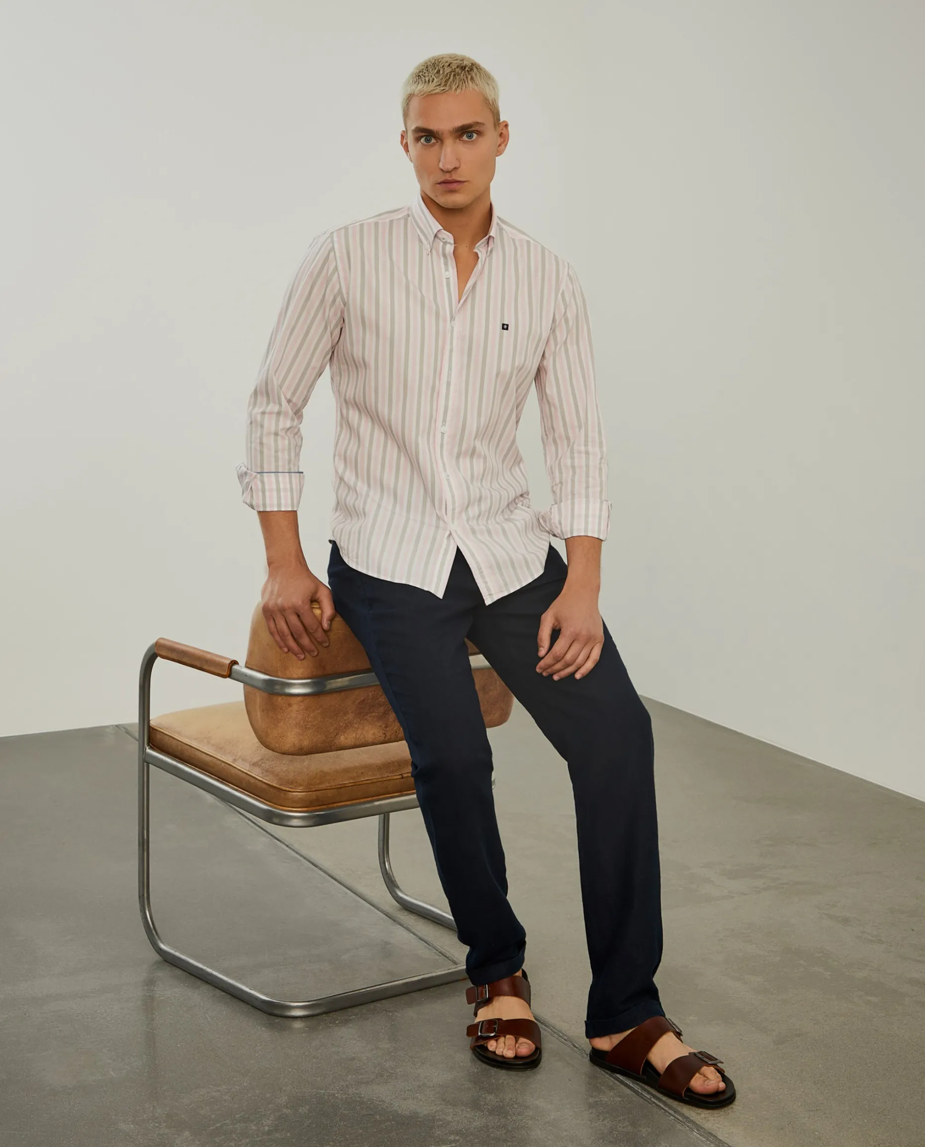 Camisa de riscas slim fit em popelina|LION OF PORCHES Fashion