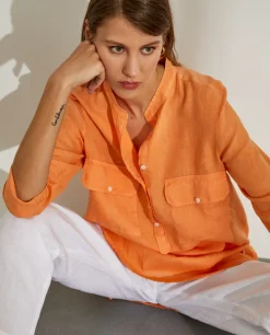 Camisa para mulher comprida em linho com colarinho mandarim|LION OF PORCHES Outlet