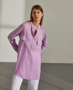 Camisa para mulher comprida em linho com colarinho mandarim|LION OF PORCHES Flash Sale