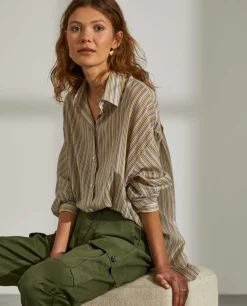 Camisa para mulher de algodão comprida com padrão de riscas|LION OF PORCHES Cheap