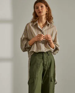 Camisa para mulher de algodão comprida com padrão de riscas|LION OF PORCHES Cheap