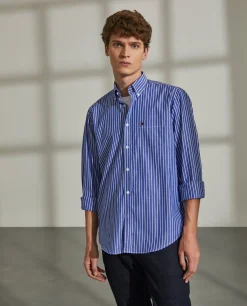 Camisa regular fit de algodão com padrão de riscas|LION OF PORCHES New