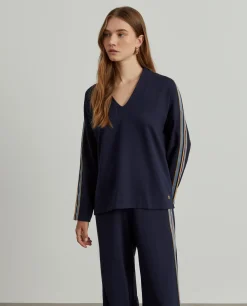 Camisola com riscas decote em V|LION OF PORCHES Online