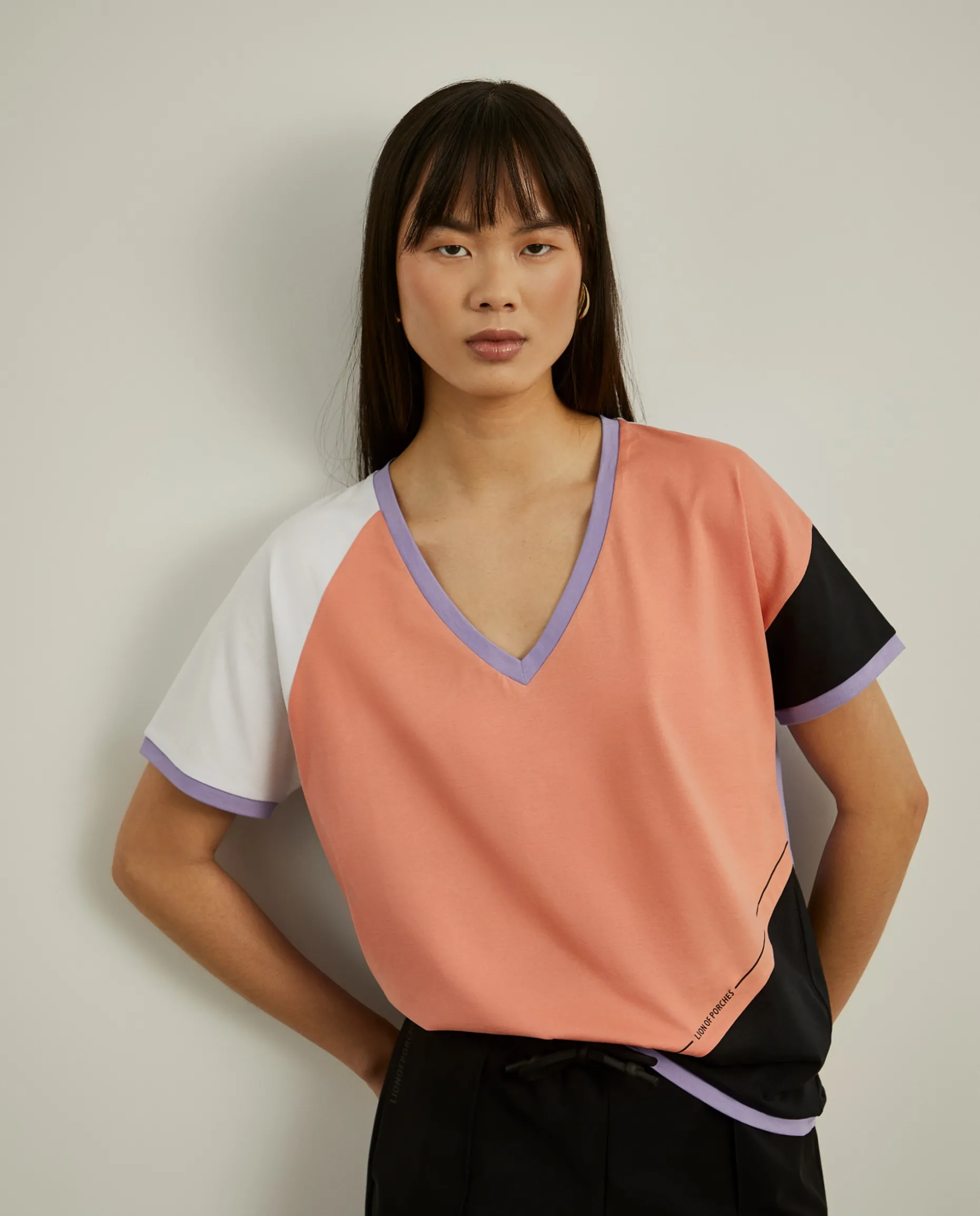 T-shirt color block decote em V|LION OF PORCHES Store