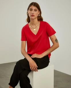 T-shirt de algodão decote em V|LION OF PORCHES Flash Sale
