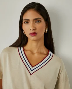 T-shirt decote em V com riscas|LION OF PORCHES Fashion