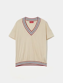 T-shirt decote em V com riscas|LION OF PORCHES Fashion