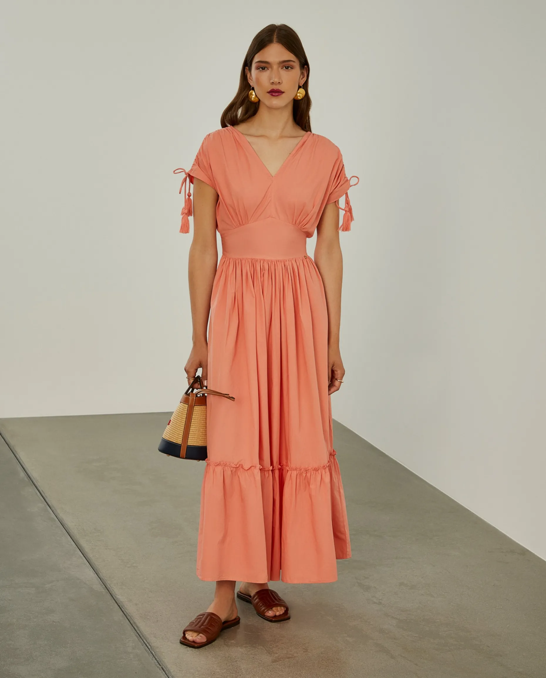 Vestido comprido com folhos e alças ajustáveis|LION OF PORCHES Discount